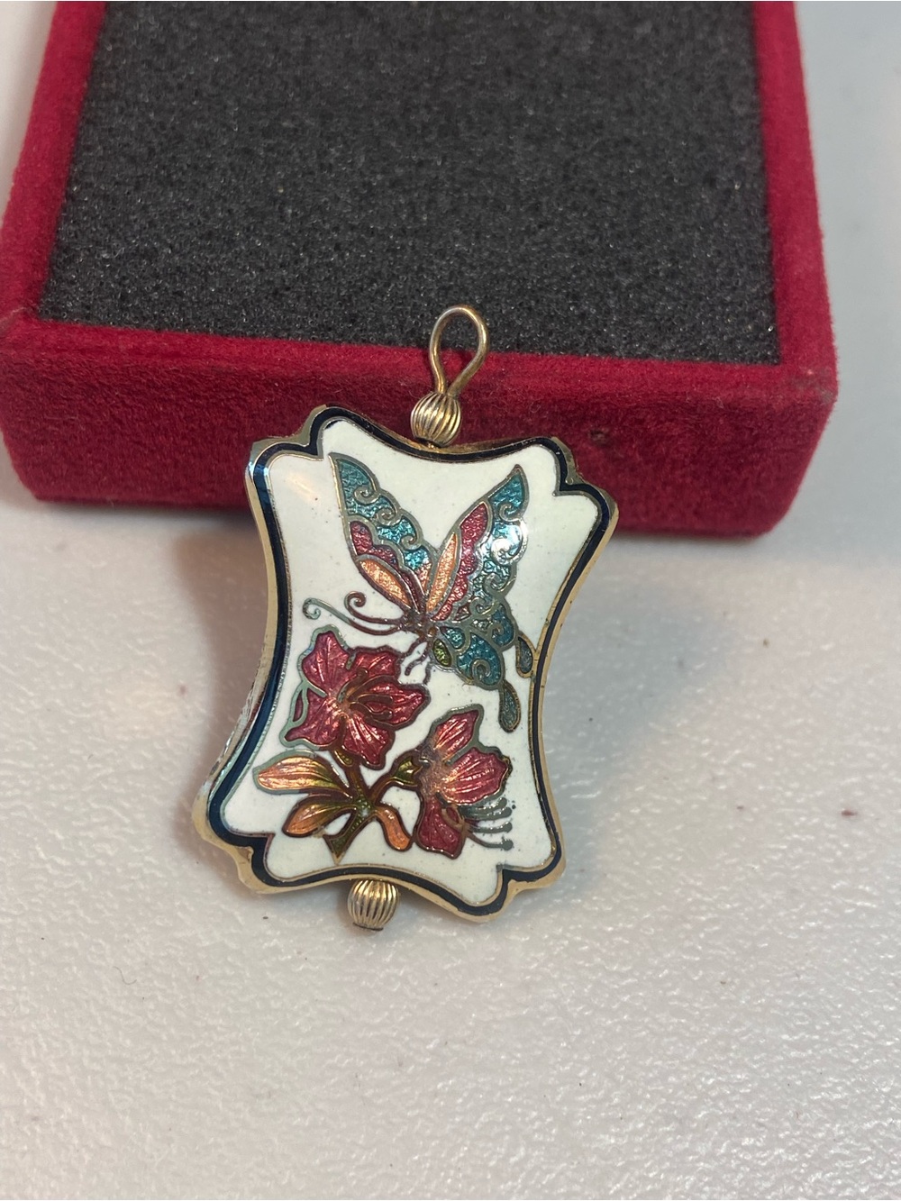 Enamel Butterfly & Floral Pendant in White with Multicolor Accents